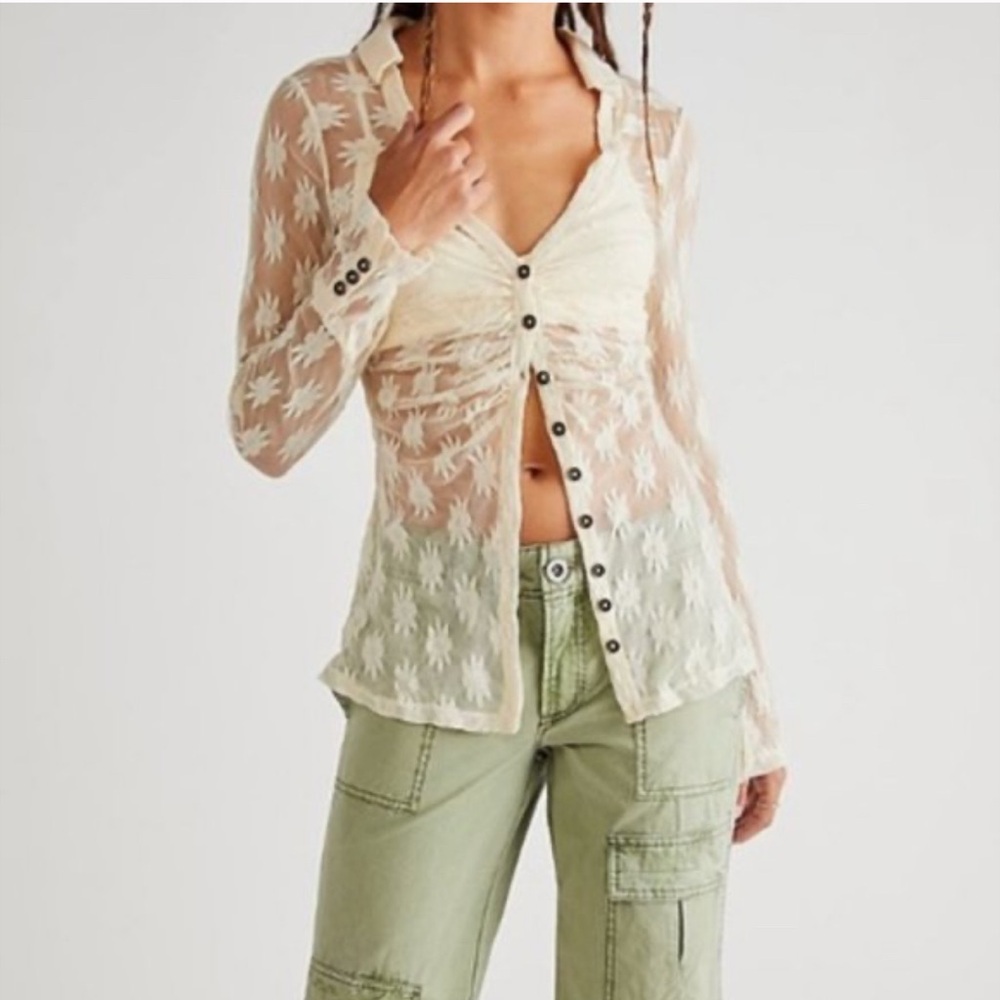 NWOT Free People Floral Sheer Button-Up Blouse - Picture 5 of 5